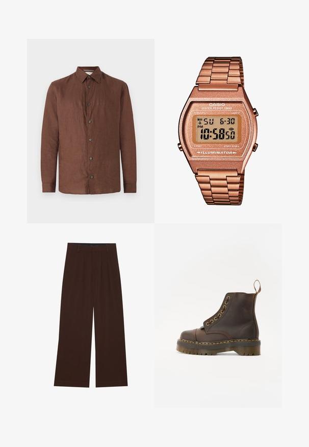 Mans ärmlös stickad tröja med flerfärgade horisontella fair isle-mönster och brun ribbad kant vid halsringning, ärmhål och nederkant.; Brun linne långärmad skjorta med knäppning framtill, spridd krage och svarta knappar. Slät textur med en något skrynklig look.; Bruna vida byxor med veck. Tillverkade av ett mjukt tyg, med skräddarsydd midja och sidofickor. Slät fåll längst ner.; Brun läderankelboot med rund tå, kontrasterande gul söm, dekorativa metallhål och en räfflad gummisula.; Digital Casio-klocka med armband i roséguld, rektangulärt hölje, belyst display och vattentålighet, som visar tid och datum.