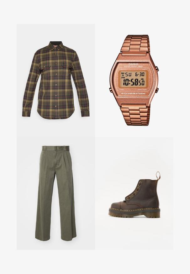 Gilet senza maniche da uomo in maglia con motivi fair isle orizzontali multicolori e bordo a costine marrone al colletto, alle aperture per le braccia e all'orlo.; Camicia in flanella a quadri verdi e blu navy con maniche lunghe, chiusura frontale con bottoni, due tasche sul petto e orlo curvo. Presenta dettagli rossi nel motivo.; Pantaloni verde oliva con un design ampio e svasato, dotati di pieghe frontali. Realizzati in tessuto strutturato, con una vita standard e senza elementi di fissaggio visibili.; Stivale alla caviglia in pelle marrone con punta tonda, cuciture gialle a contrasto, occhielli decorativi in metallo e suola in gomma scanalata.; Orologio digitale Casio con cinturino in metallo rosa dorato, cassa rettangolare, display illuminato e resistenza all'acqua, che mostra l'ora e la data.