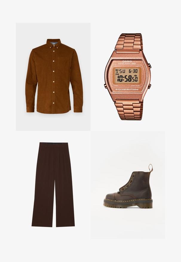 Vyrų be rankovių megztas švarkas su daugiaspalviais horizontaliais fair isle raštais ir rudais juostelėmis apykaklėje, pažastyse ir aptakumo krašte.; Jack & Jones JJECLASSIC - Marškiniai - monks robe; Rudi plačiai praplečiami kelnių su klostėmis. Pagaminti iš lygaus audinio, su pritaikytu liemeniu ir šoninėmis kišenėmis. Lygus apačios kraštas.; Rudos odinės kulkšninių batus su apvalia nosimi, kontrastinga geltona siūle, dekoratyviniais metaliniais akių skyreliais ir grioveliuota guma pagrindu.; Skaitmeninis Casio laikrodis su rožinės aukso metaline juosta, stačiakampiu korpusu, apšviečiamu ekranu ir atsparumu vandeniui, rodomas laikas ir data.