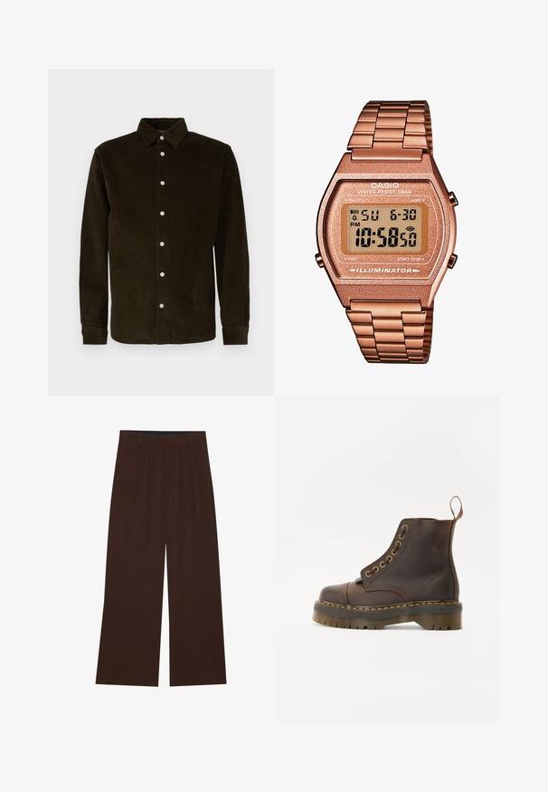 Moški brezrokavnik iz pletenine z večbarvnimi vodoravnimi fair isle vzorci in rjavim rebrastim pasom pri vratu, armhole-ih in robu.; Temnozeleni kordurov srajc s dolgimi rokavi, z gumbnim zapenjanjem spredaj, s koničastim ovratnikom in belimi gumbi. Mehka tekstura z rebrastim vzorcem.; Rjave široke hlače s plisami. Narejene iz gladkega materiala, s prilagojenim pasom in stranskimi žepi. Ravna obroba na dnu.; Rjavi usnjeni gležnjarji z okroglim prstom, kontrastnim rumenim šivom, dekorativnimi kovinskimi očesci in zarezanem gumijastem podplatu.; Digitalna Casio ura z rožnato zlato kovinsko zanko, pravokotno ohišje, osvetljen prikaz, vodoodpornost, ki prikazuje čas in datum.