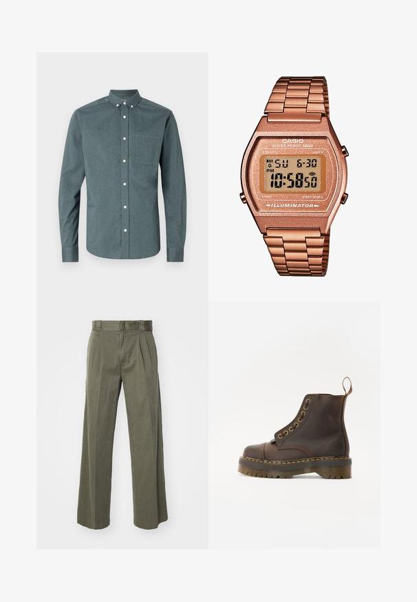 Meeste ilma varrukateta kudum, millel on mitmevärvilised horisontaalsed fair isle mustrid ja pruun soonikkoes ääris kaeluses, käeaukudes ja hemis.; Tume tealist nööbiga särg, pikad varrukad, nööbiga kaelus, üks rinna-tasku, millel on valged nööbid ja tekstureeritud kangas.; Olivroheline püksid, millel on vabalt langev, laia säärega disain ja ees olevad voldid. Valmistatud tekstuursed kangast, tavalise vöökoht ja ilma nähtavate riistadega.; Pruun nahast pahkluu saapad ümmarguse varbaga, kontrastsete kollaste õmblustega, dekoratiivsete metallist silmadega ja soonilise kummitaldiga.; Digi Casio kell, roosakullast metallist rihmaga, ristkülikukujuline korpus, valgustatud kuva ja veekindel, näitab kellaaega ja kuupäeva.