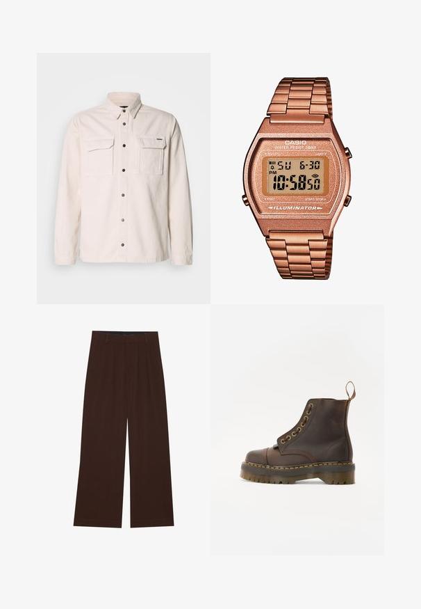 Vyrų be rankovių megztas švarkas su daugiaspalviais horizontaliais fair isle raštais ir rudais juostelėmis apykaklėje, pažastyse ir aptakumo krašte.; Šviesiai smėlinės spalvos, ilgomis rankovėmis marškiniai, pagaminti iš medvilnės, su dviem priekinių kišenių, sagų užsegimu ir klasikinio kirpimo apykakle. Lygi tekstūra ir paprastas dizainas.; Rudi plačiai praplečiami kelnių su klostėmis. Pagaminti iš lygaus audinio, su pritaikytu liemeniu ir šoninėmis kišenėmis. Lygus apačios kraštas.; Rudos odinės kulkšninių batus su apvalia nosimi, kontrastinga geltona siūle, dekoratyviniais metaliniais akių skyreliais ir grioveliuota guma pagrindu.; Skaitmeninis Casio laikrodis su rožinės aukso metaline juosta, stačiakampiu korpusu, apšviečiamu ekranu ir atsparumu vandeniui, rodomas laikas ir data.