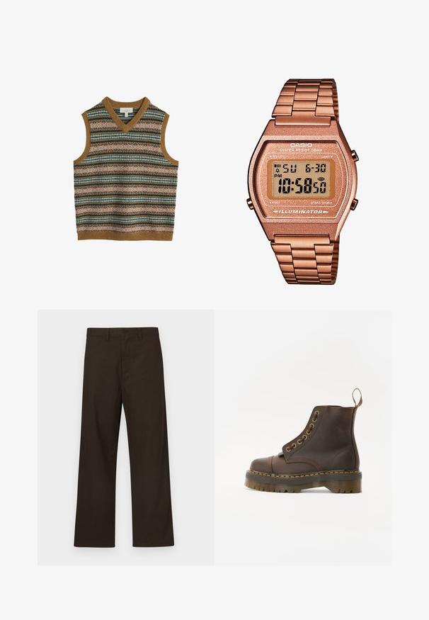Mans ärmlös stickad tröja med flerfärgade horisontella fair isle-mönster och brun ribbad kant vid halsringning, ärmhål och nederkant.; Bruna byxor med vida ben i bomullsblandning, med knappstängning framtill och minimal detaljering för en enkel design.; Brun läderankelboot med rund tå, kontrasterande gul söm, dekorativa metallhål och en räfflad gummisula.; Digital Casio-klocka med armband i roséguld, rektangulärt hölje, belyst display och vattentålighet, som visar tid och datum.