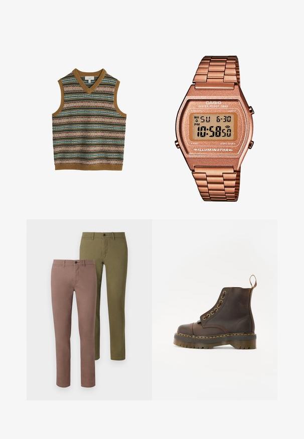 Ärmellose Strickweste für Herren mit mehrfarbigen, horizontalen Fair-Isle-Mustern und braunen Rippbündchen am Kragen, Armausschnitten und Saum.; Zwei Paare von schmal geschnittenen Hosen: eine in einem gedämpften Braun und die andere in Olivgrün. Beide haben klare Linien und normale Taillenbunde mit Knöpfen.; Braune Leder-Ankleboots mit runder Spitze, kontrastierenden gelben Nähten, dekorativen Metallösen und rutschfester Gummisohle.; Digitaluhr von Casio mit einem roségoldenen Metallarmband, rechteckigem Gehäuse, beleuchtetem Display und Wasserfestigkeit, zeigt Uhrzeit und Datum an.