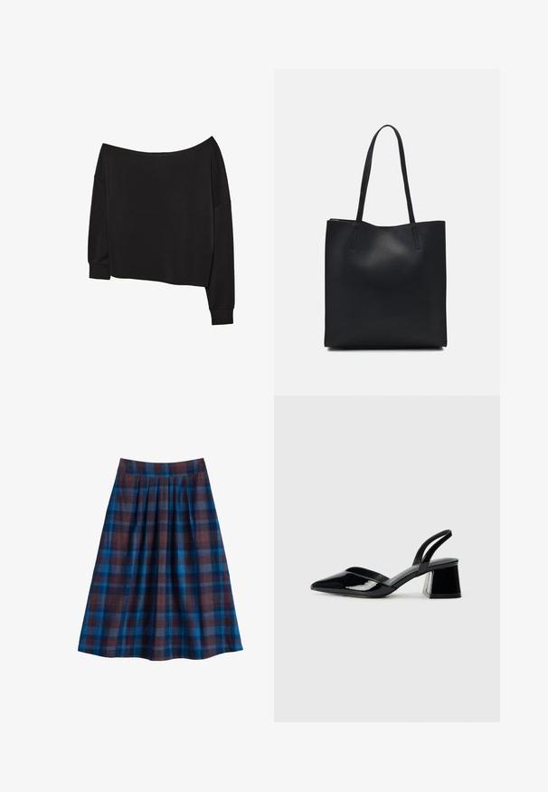 Črni top z dolgimi rokavi, brez naramnic, sproščenega kroja; mehka bombažna mešanica; širši izrez; široki rokavi; rebrasti manšeti in rob.; Modra in rjava karirana plisirana krila z visokim pasom, do kolen, prikazana na ravni beli podlagi.; Črne lakirane slingback pete s koničastim nosom in geometrijsko blokasto peto. Imajo eleganten, minimalističen dizajn in gladko teksturo.; Črna usnjena torba s svilnato teksturo, pravokotne oblike in dvema dolgima ročajema. Brez vidnih metalnih delov ali okrasnih elementov.