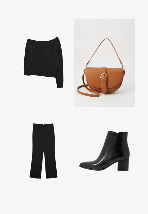 Svart off-shoulder långärmad topp med avslappnad passform; mjukt bomullsblandat material; bred halsringning; vida ärmar; ribbade muddverk och fåll.; Svarta byxor med rak passform, utrustade med framfickor och sidoklyvningar vid fållen. Tillverkade av mjukt, slätt tyg. Lämpliga för olika tillfällen.; Anna Field LEATHER - Stövletter - black; Brun läder crossbody-väska med en böjd form, gyllene detaljer och en spänneaccent. Har en avtagbar axelrem.