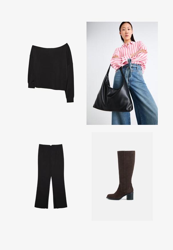 Haut noir à épaule dénudée et manches longues avec une coupe décontractée ; tissu doux en mélange de coton ; encolure large ; manches amples ; bord-côtes aux poignets et à l'ourlet.; Pantalon noir avec une coupe droite, doté de poches avant et d'éclairs sur l'ourlet. Fabriqué en tissu doux et lisse. Convient à diverses occasions.; Bottes marron en daim à hauteur de genou avec un talon carré et une finition lisse. Bout arrondi et détails de couture distincts sur la tige.; Sac à épaule en cuir noir avec une forme décontractée et des détails de couture. Le modèle porte une chemise rayée rose et blanche avec un jean bleu à jambes larges.