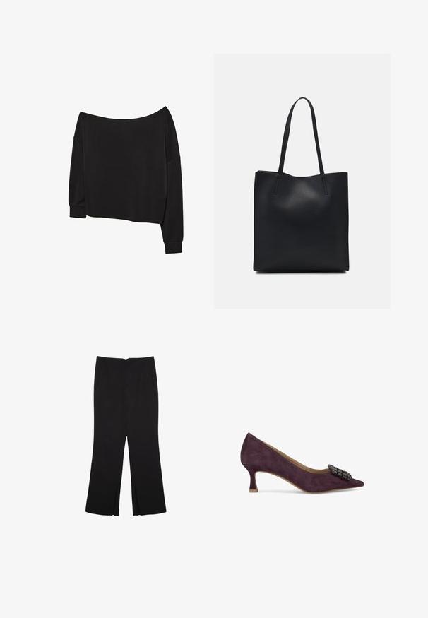 Top lungo a maniche lunghe nero, scollato sulle spalle con vestibilità ampia; morbido tessuto in cotone misto; ampio scollo; maniche morbide; polsini e orlo a costine.; Pantaloni neri a gamba dritta, con tasche frontali e spacchi laterali all'orlo. Realizzati in tessuto morbido e liscio. Adatti a diverse occasioni.; Pump in suede viola con punta affusolata, tacco basso e decorazioni in hardware nero nella parte anteriore, caratterizzato da una superficie liscia e un design classico.; Borsa tote in pelle nera con texture liscia, forma rettangolare e due manici lunghi. Nessun hardware o decorazione visibile.