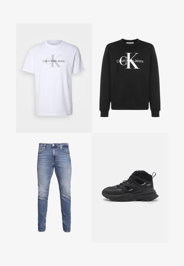 Sudadera negra de mezcla de algodón, con cuello redondo, puños de canalé y un gran logotipo blanco de Calvin Klein en la parte frontal.; Camiseta de algodón blanca con un logo gris de Calvin Klein Jeans y diseño "ck". Cuello redondo clásico y mangas cortas.; Vaqueros ajustados azules con cinco bolsillos, lavado desgastado, cierre de botón y presillas para cinturón, exhibidos sobre un fondo blanco.; Botas de senderismo negras con un diseño estratificado, tejido texturizado y suela de goma, con áreas reforzadas y cordones en la parte delantera.