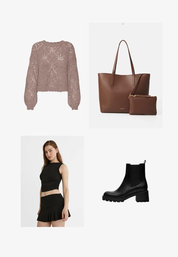 Vero Moda Vesta - woodrose; Crni dvoslojni outfit koji se sastoji od bezrukavnog, skraćenog topa s nabranim detaljima i minisuknje raširenog kroja, obe od glatkog, rastezljivog materijala.; Crne kožne gležnjače s okruglim vrhom, elastičnim bočnim panelima i debelim blok petama. Teksturirana potplata za veći grip.; Smeđa torba od umjetne kože s dva duga ručka i odgovarajućom malom torbicom. Površina ima teksturirani uzorak i zlatne metalne detalje.