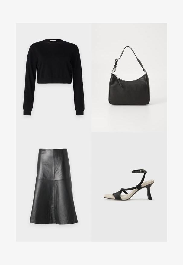 Čierny skrátený sveter vyrobený z pleteného materiálu. Obsahuje dlhé rukávy, okrúhly výstrih a priliehavý lem. Jednoduchý a jednofarebný dizajn.; Čierna kožená sukňa A-line s detailmi švov a hladkou textúrou, zúžujúca sa smerom k spodnému okraju. Jednoduchý dizajn bez ďalších ozdôb.; Čierne sandále na podpätku s pleteným pásikom, štvorcovou špičkou a nastaviteľným remienkom okolo členka. Svetlobéžová stielka s lesklým čiernym podpätkom.; Čierna kožená kabelka s oblým tvarom, jediným popruhom, zipsom a nenápadným logom na prednej strane. Hladká textúra, minimalistický dizajn.