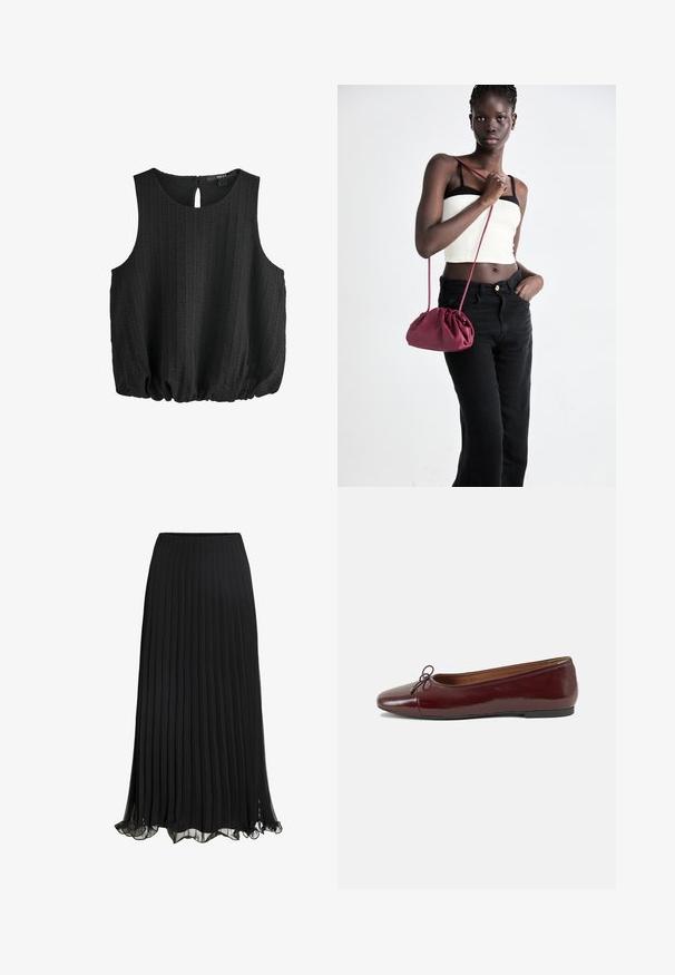 Sudadera negra con un cuello tipo polo blanco, corte holgado, puños y dobladillo acanalados. Textura suave, mangas largas y sin logotipos visibles.; Top negro sin mangas con tejido texturizado, escote redondo y detalle de abertura en la parte posterior. Presenta un dobladillo fruncido para un ajuste relajado.; Falda maxi plisada negra hecha de un tejido liviano con un diseño fluido. Cuenta con un dobladillo con volantes y una cinturilla elástica para mayor comodidad.; Bailarina de charol burdeos con punta redonda, pequeño lazo en la parte frontal y una suela baja de goma negra. Textura suave.; Bolso de tela suave en burdeos con un diseño fruncido y una correa larga, usado cruzado. La modelo lleva una camiseta corta blanca y jeans negros.