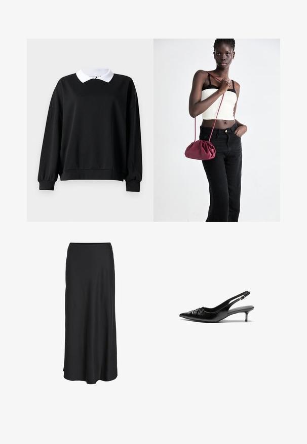 Črna majica s kapuco z belim ovratnikom v stilu polo, oversized kroj, rebrasti manšeti in rob. Gladka tekstura, dolgi rokavi in brez vidnih logotipov.; Črna maksi krilo iz gladkega, lahkega blaga. Ima preprost A-linijski kroj z rahlo razširjenim robom in brez vidnih zaključkov.; Črne usnjene sandalke s trakcem za peto, z ostrim sprednjim delom, nizkim petkom in naborkom na zgornjem delu. Gladek tekstura in minimalističen dizajn.; Burgundska mehka torbica z zbranim dizajnom in dolgim trakom, nošena čez telo. Model nosi belo kratko majico in črne kavbojke.