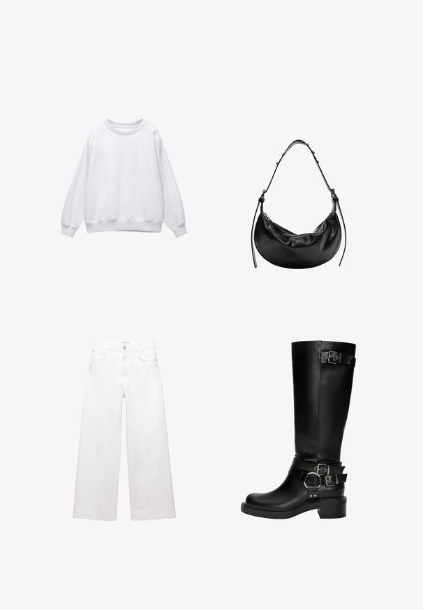 Světle šedá mikina s kulatým výstřihem a dlouhými rukávy, s žebrovanými manžetami a spodním lemem, vystavená na bílém pozadí.; Bílé široké džíny vyrobené z bavlny, s vysokým pasem, pěti kapsami a akcenty z mosazného hardwaru. Hladká, nedotčená textura.; Černé kožené kozačky do výšky kolen mají zaoblenou špičku, nízký podpatek a několik dekorativních popruhů se stříbrnými přezkami a akcenty.; Černá kožená kabelka s půlměsíčkovým tvarem, hladkým povrchem a nastavitelným popruhem, s jemnými kovovými akcenty. Viditelné uzavření na zip.