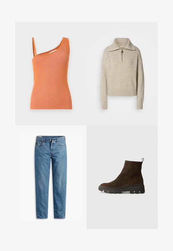 Beige gestrickter Pullover mit hohem Kragen, Reißverschluss und gerippten Bündchen und Saum. Die Textur weist Stellen dunklerer Fasern auf.; Oranges geripptes Tanktop mit einem einseitigen Schulterträger, das eine figurbetonte Silhouette und einen strukturierten Stoff aufweist.; Blaue Jeans aus Denim mit geradem Schnitt, ausgestattet mit einem Reißverschluss, zwei vorderen Taschen und subtilen Verfärbungen im gesamten Stoff.; Braune Wildleder-Ankle-Boots mit einer stabilen schwarzen Gummisohle, leichtem Absatz und einer Schlaufe auf der Rückseite für einfaches Anziehen.