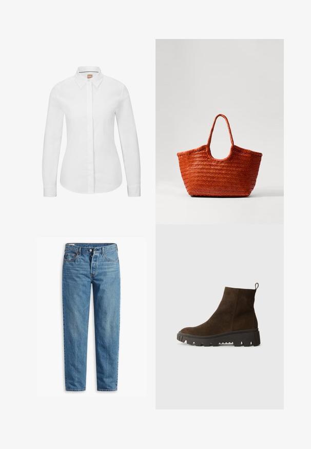 Beige knitted sweater with a high collar, zip closure, and ribbed cuffs and hem. Texture includes specks of darker fibers throughout.; White long-sleeve button-up shirt in crisp cotton fabric with a classic collar, front placket, and tailored fit. Smooth texture, no patterns.; Blue denim jeans with a straight-leg fit, featuring a zip fly, two front pockets, and subtle fading throughout the fabric.; Brown suede ankle boot with a chunky black rubber sole, featuring a slight heel and a pull tab at the back for easy wear.; DRAGON DIFFUSION NANTUCKET BASKET BIG - Handbag - naranja