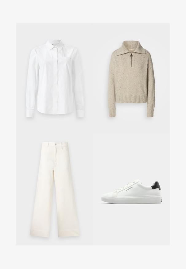 Beige gestrickter Pullover mit hohem Kragen, Reißverschluss und gerippten Bündchen und Saum. Die Textur weist Stellen dunklerer Fasern auf.; Weißes Langarmhemd aus glattem Baumwollstoff mit klassischem Kragen, Knopfverschluss vorne und einer Brusttasche mit Logodetail.; Weite Hosen aus hellem beigen Baumwollstoff. Mit hoher Taille, vorderen Taschen und geradem Schnitt. Saubere Saumverarbeitung ohne Muster.; Weißer Sneaker mit glatter Oberfläche, schwarzem Absatz und Schnürdesign. Mit "Calvin Klein"-Branding an der Seite. Minimalistischer Stil.