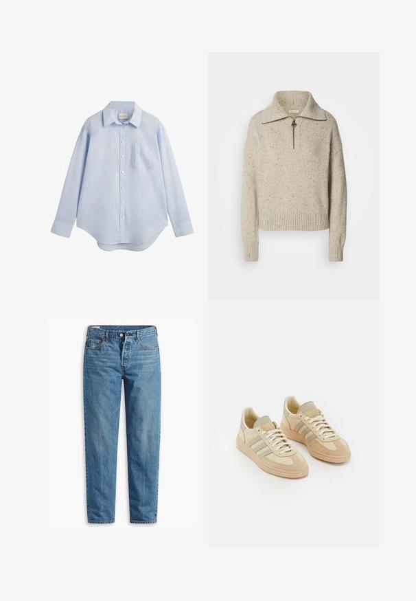 Beige knitted sweater with a high collar, zip closure, and ribbed cuffs and hem. Texture includes specks of darker fibers throughout.; Light blue long-sleeve button-up shirt made of cotton, featuring a classic collar, a single chest pocket, and a curved hemline.; Blue denim jeans with a straight-leg fit, featuring a zip fly, two front pockets, and subtle fading throughout the fabric.; Light beige sneakers with suede and fabric materials, featuring three gray stripes, textured accents, and a tan rubber sole. Laces are white.