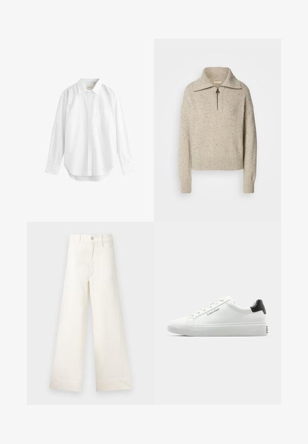 Maglione beige lavorato a maglia con colletto alto, chiusura a zip e polsini e orlo a coste. La texture presenta delle tracce di fibre più scure sparse.; Camicia bianca a maniche lunghe in cotone, con colletto button-down, tasca frontale e orlo curvo. Texture liscia e design classico.; Pantaloni a gamba larga in cotone beige chiaro. Caratterizzati da vita alta, tasche anteriori e un taglio dritto. Orlo pulito senza motivi.; Sneaker bianca con finitura liscia, accentuazione nera sul tallone e design con lacci. Presenta il marchio "Calvin Klein" sul lato. Stile minimalista.