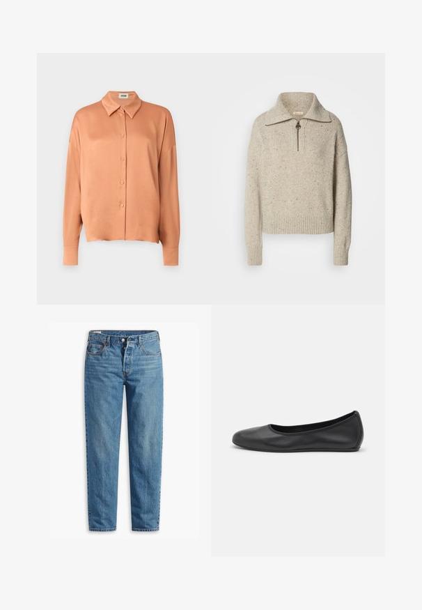 Beige gestrickter Pullover mit hohem Kragen, Reißverschluss und gerippten Bündchen und Saum. Die Textur weist Stellen dunklerer Fasern auf.; Pfirsichfarbene Button-Down-Bluse aus glattem Stoff, mit klassischem Kragen, langen Ärmeln und lässiger Passform.; Blaue Jeans aus Denim mit geradem Schnitt, ausgestattet mit einem Reißverschluss, zwei vorderen Taschen und subtilen Verfärbungen im gesamten Stoff.; Schwarze Leder-Ballettschuhe mit abgerundeter Spitze, glatter Textur, minimalen Nähdetails und einem flexiblen Sohlen-Design.