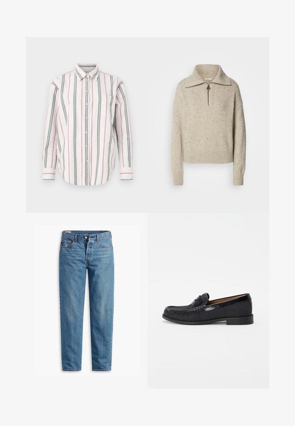 Beige kudum jersey kõrge krae, tõmbluku sulgemisega ja soonikkoes mansettide ning äärtega. Tekstuur sisaldab tumedamate kiudude täppe.; Nööpidega särk, millel on vertikaalsed triibud roosas, hallis ja valges. Omab kraed, pikki varrukaid ja vasakul rinnal taskut. Siidist materjal.; Sinine denimist valmistatud sirge lõikega teksad, millel on lukuga kokku tõmbamine, kaks esimest taskut ja peene värvimisega niiskus kogu kangast.; Mustad mustsavi nahkkingad, millel on tekstuuriga kanga pealmine osa, läikivast nahast aktsent ja peened õmblused, ning madal kummist konts.