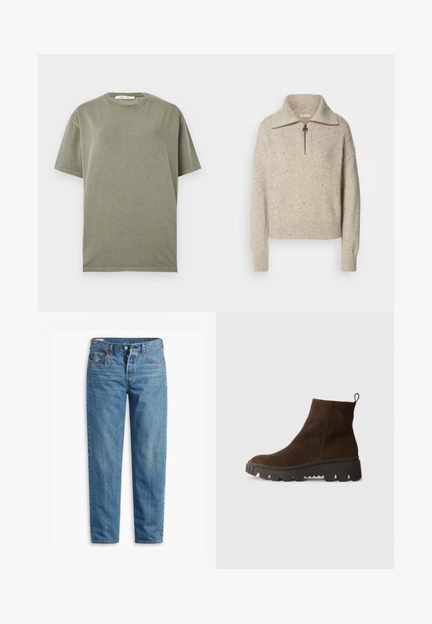 Beige gebreide trui met een hoge kraag, ritsluiting en geribde manchetten en zoom. De textuur bevat spikkels van donkere vezels door het geheel.; Olijfgroene katoenen t-shirt met een ronde hals, korte mouwen en een eenvoudig, ongecomliceerd ontwerp. Zachte textuur en een relaxte pasvorm.; Blauwe spijkerbroek met een rechte pasvorm, voorzien van een ritssluiting, twee voorzakken en subtiele vervagingen in de stof.; Bruine suède enkellaars met een stevige zwarte rubberen zool, voorzien van een lichte hak en een trekband aan de achterkant voor eenvoudig aan- en uittrekken.