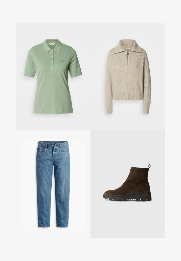 Beżowy sweter dziany z wysokim kołnierzem, zamek błyskawiczny oraz ściągacze przy mankietach i u dołu. Tekstura zawiera wplecioną ciemniejszą włókninę.; Zielona koszulka polo wykonana z bawełny w slim fit, z kołnierzykiem polo, krótkimi rękawami oraz małym haftowanym logo na piersi.; Niebieskie dżinsy z prostym krojem nogawki, z zapięciem na suwak, dwiema przednimi kieszeniami i delikatnym przetarciem na całej powierzchni materiału.; Brązowy zamszowy botek za kostkę z masywną czarną gumową podeszwą, posiadający lekki obcas i pętelkę z tyłu ułatwiającą zakładanie.