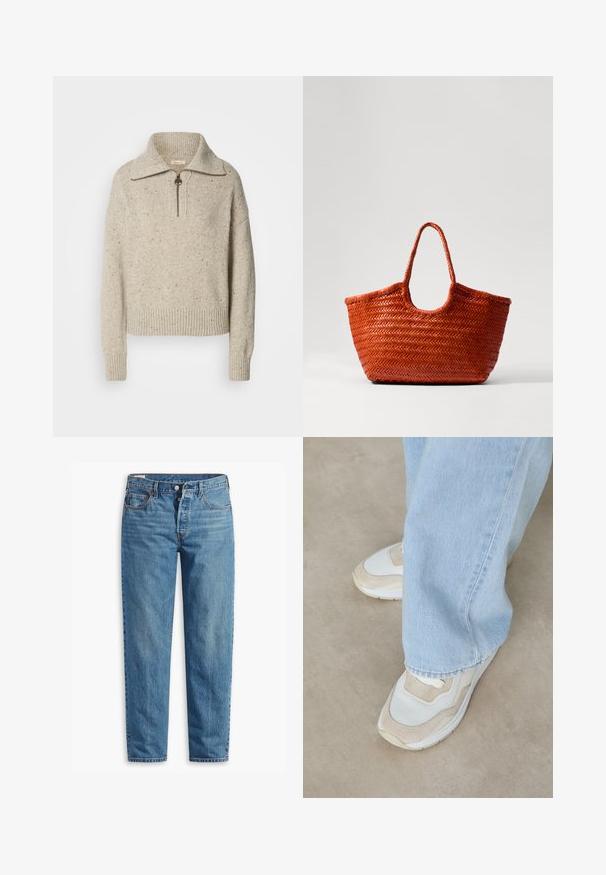 Pulover bej dintr-un material tricotat, cu guler înalt, închidere cu fermoar și manșete și tiv nervurate. Textura include fire mai închise la culoare pe alocuri.; Jeans din denim albastru cu croi drept, prezentând un fermoar, două buzunare frontale și o decolorare subtilă pe întreaga țesătură.; Tenisi bej și albi, realizati dintr-un amestec de plasă și suede, cu vârf rotund și talpă din cauciuc, asortați cu blugi de un albastru deschis.; DRAGON DIFFUSION NANTUCKET BASKET BIG - Geantă de mână - naranja