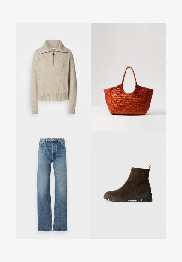 Beige knitted sweater with a high collar, zip closure, and ribbed cuffs and hem. Texture includes specks of darker fibers throughout.; Light blue, high-waisted jeans with a straight leg design, made from denim fabric. Features classic five-pocket styling and silver hardware.; Brown suede ankle boot with a chunky black rubber sole, featuring a slight heel and a pull tab at the back for easy wear.; DRAGON DIFFUSION NANTUCKET BASKET BIG - Handbag - naranja