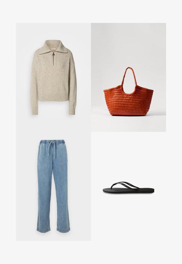 Beige kudum jersey kõrge krae, tõmbluku sulgemisega ja soonikkoes mansettide ning äärtega. Tekstuur sisaldab tumedamate kiudude täppe.; Heledad sinise denimist püksid elastse vöökoha, nööriga ja voltimisega. Sirge jalgade disain, mis tagab mugava istuvuse.; Mustad mustes suss, millel on tekstureeritud kummist põhi, kaks peenikest rihma ja tagasihoidlik, reljeefne logo detail rihmal.; DRAGON DIFFUSION NANTUCKET BASKET BIG - Käekott - naranja