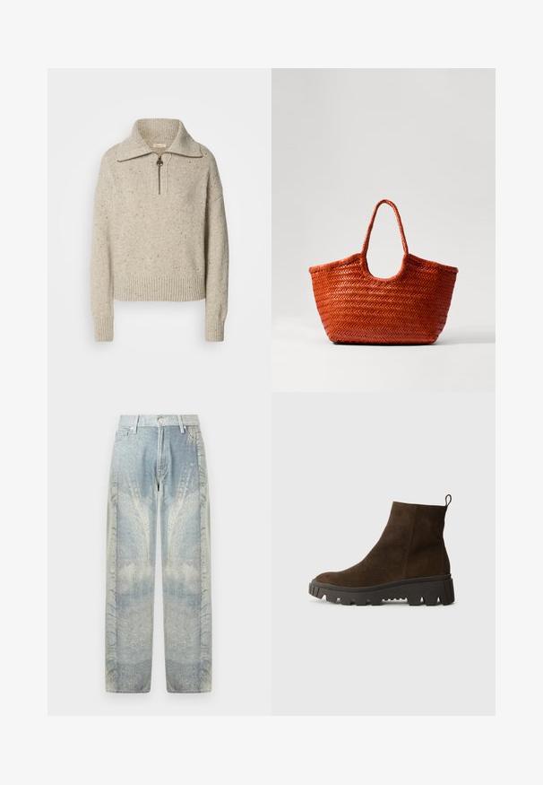 Beige knitted sweater with a high collar, zip closure, and ribbed cuffs and hem. Texture includes specks of darker fibers throughout.; Light blue denim jeans with a faded abstract pattern; wide leg design, button closure, five pockets, and contrast stitching.; Brown suede ankle boot with a chunky black rubber sole, featuring a slight heel and a pull tab at the back for easy wear.; DRAGON DIFFUSION NANTUCKET BASKET BIG - Handbag - naranja