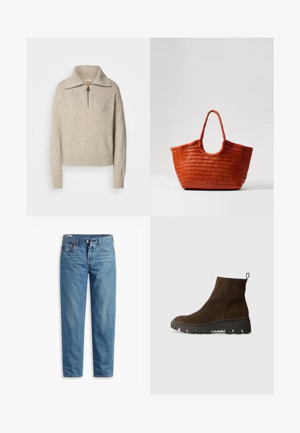 Beige kudum jersey kõrge krae, tõmbluku sulgemisega ja soonikkoes mansettide ning äärtega. Tekstuur sisaldab tumedamate kiudude täppe.; Sinine denimist valmistatud sirge lõikega teksad, millel on lukuga kokku tõmbamine, kaks esimest taskut ja peene värvimisega niiskus kogu kangast.; Pruun nahast pahkluu saabas, millel on tugev must kummitald, kerge konts ja tagumine tõmbetöödeldud osa, mis muudab selga panemise lihtsamaks.; DRAGON DIFFUSION NANTUCKET BASKET BIG - Käekott - naranja