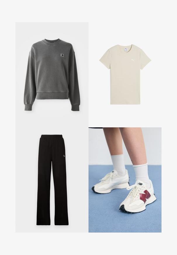 Sudadera gris de algodón suave, con cuello redondo, puños acanalados y un pequeño parche de logo en el lado izquierdo del pecho.; Camiseta de manga corta beige hecha de tela de canalé. Cuenta con un cuello redondo y un pequeño logo blanco de Puma en el lado izquierdo del pecho.; Pantalones de pierna ancha de canalé negra con cintura elástica y pequeño logo decorativo, que presentan una textura suave y un diseño de largo completo.; Un par de zapatillas blancas con acentos en color burdeos, paneles texturizados, suela negra plana y cordones claros, llevadas con calcetines blancos hasta el tobillo.
