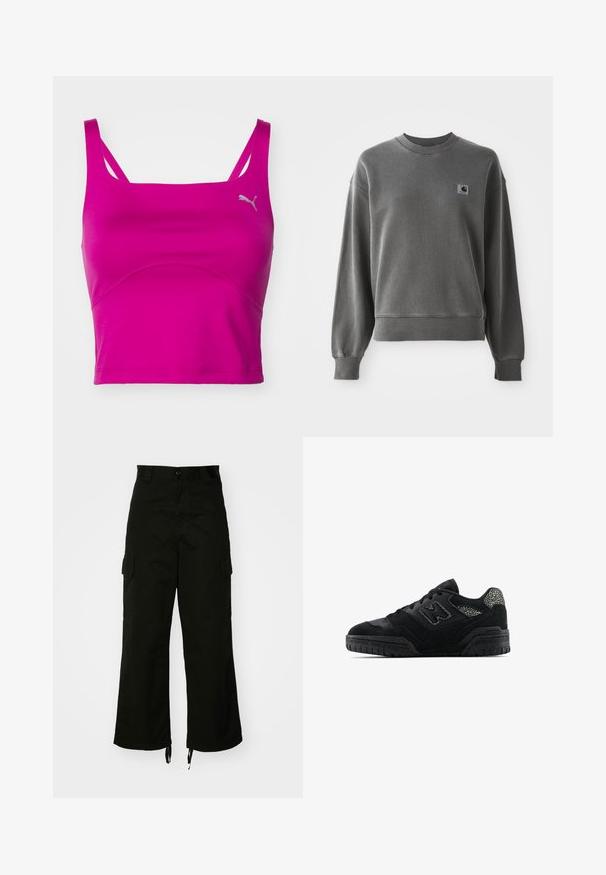 Sudadera gris de algodón suave, con cuello redondo, puños acanalados y un pequeño parche de logo en el lado izquierdo del pecho.; Top deportivo rosa de Puma, con tirantes finos, diseño ajustado, tejido texturizado y detalle de costura curva en la parte delantera.; Pantalones cargo negros de algodón, con piernas anchas, bolsillos laterales y dobladillos con cordón. El diseño incluye un cierre de botón en la cintura.; Zapatilla negra de perfil bajo con suela texturizada, diseño de cordones, paneles de gamuza y acentos con patrón en el talón y el logo lateral.
