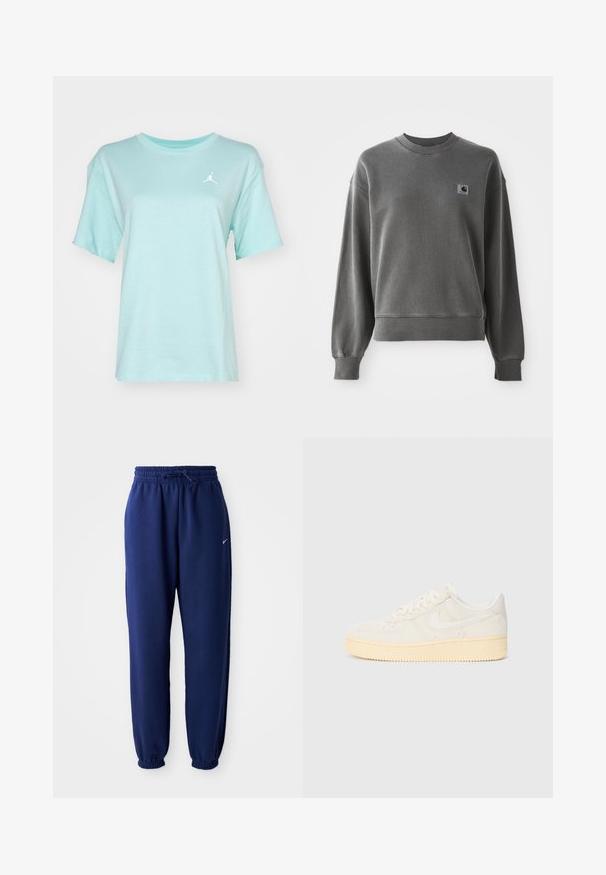 Sweatshirt cinza de pulôver, feito em uma mistura de algodão suave, com gola redonda, punhos canelados e um pequeno patch com logo no lado esquerdo do peito.; T-shirt de algodão azul claro com mangas curtas, decote redondo e um pequeno logótipo branco da Jordan no peito superior esquerdo. Textura suave.; Calças de fato de treino azul marinho feitas de um tecido suave, com uma cintura elástica com cordão, punhos elásticos e um pequeno logótipo branco.; Sapatilha branca com parte superior texturizada, biqueira arredondada e sola de borracha de tom amarelo. Apresenta um logo discreto e fecho com atacadores.