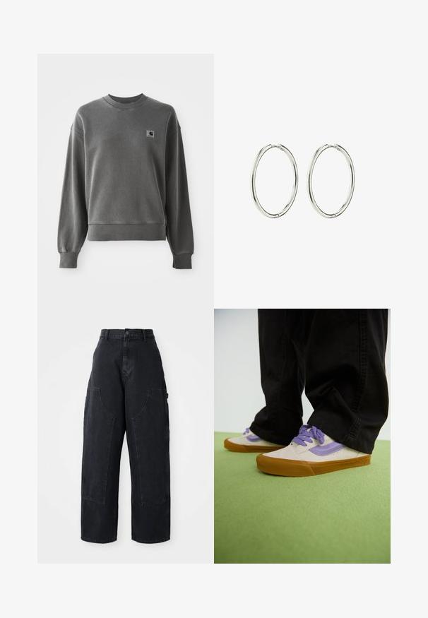 Sudadera gris de algodón suave, con cuello redondo, puños acanalados y un pequeño parche de logo en el lado izquierdo del pecho.; Pantalones cargo de denim negro de pierna ancha con cintura alta, dos grandes bolsillos frontales y cierre de botón en la cintura. Textura suave, diseño casual.; Zapatillas beige claro con acentos morados, suela de goma y cordones planos. Combinadas con pantalones negros, exhibidas sobre una superficie texturada verde.; Pendientes de aro de plata con un acabado suave y pulido. Forma redonda, diseño ligero, con un mecanismo de cierre seguro.