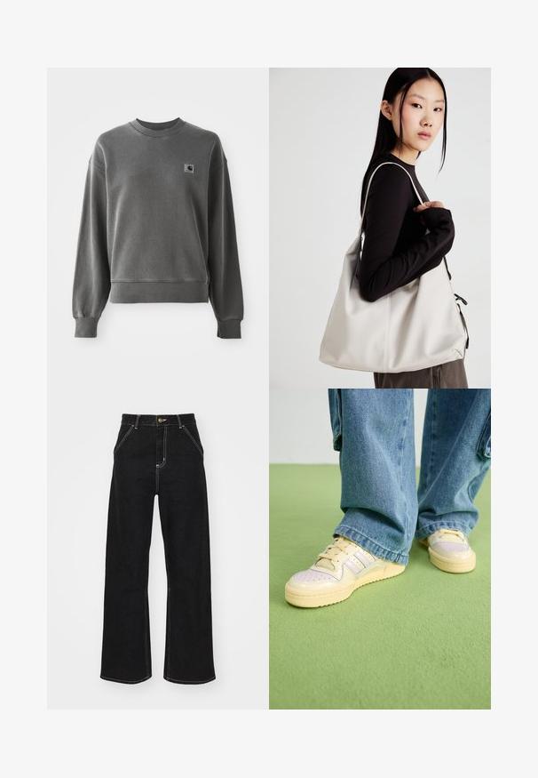 Grå pullover sweatshirts laget av glatt bomullsblanding, med rund hals, ribbestrikkede mansjetter og et lite logomerke på venstre bryst.; Svarte vide jeans laget av denim, med kontrasterende hvite sømmer og en frontknapplukking, samt to skrå frontlommer.; Sko med kremfarget overdel og teksturert gummisåle, med perforerte detaljer og lagdelt aksenter i lys blått og beige.; Beige håndveske laget av mykt materiale, med en slapp design, sydd detaljer og to skulderstropper. Passer for daglig bruk.