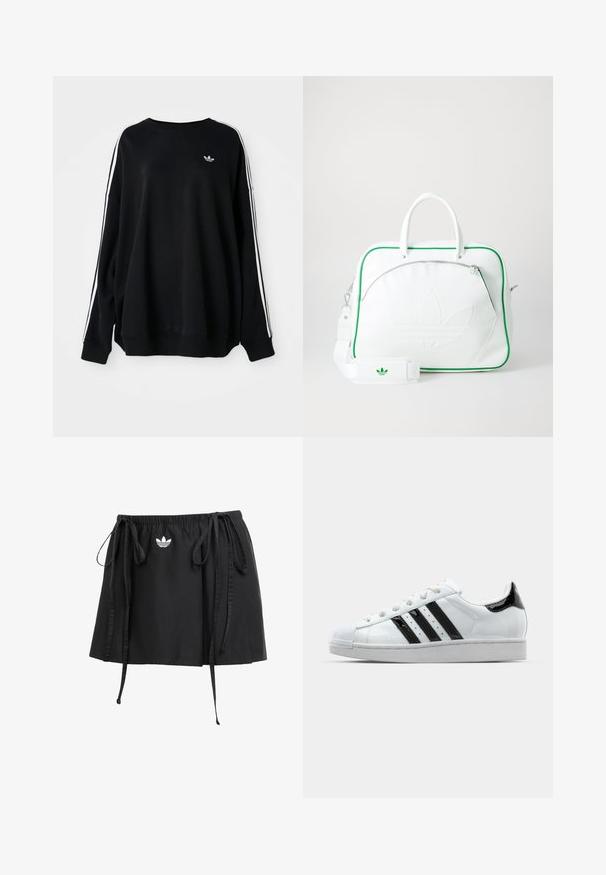 Svart oversized sweatshirt i mykt materiale, med hvite striper langs ermene og en liten logo på brystet. Rund hals.; Svart treningskjørt med justerbare snorer, med en liten hvit logo foran. Laget av lettvektig stoff med en glatt tekstur.; Hvit sneaker med svarte patentleather-detaljer, tre svarte striper, og en gummitåhette. Har hvite snører og en glatt teksturert overdel.; Hvit lærveske med grønn kant, med et fremtredende preget logo, doble håndtak, en avtakbar stropp og en glidelås frontlomme.
