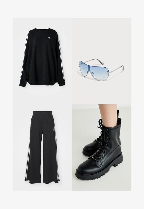 Svart överdimensionerad sweatshirt i mjukt tyg, med vita stripes längs ärmarna och en liten logo på bröstet. Rund halsringning.; Svarta vida sweatpants med elastisk midje, med vita sidosträck och en broderad logotyp på vänster lår.; Svarta snörkängor i ankelhöjd, tillverkade av slät läder. Kraftig gummisula med djupa mönster. Har en ögla vid hälen för enkel påtagning.; Pilotglasögon med gradientblå linser, silverfärgad metallram och dekorativa stjärnaccenter på linserna. Snygg och elegant design.