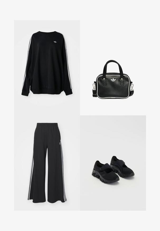 Čierna voľná mikina z mäkkého materiálu, s bielymi pruhmi pozdĺž rukávov a malým logom na hrudi. Okrúhly výstrih.; Čierne široké teplákové nohavice s elastickým pásom, so bielymi bočnými prúžkami a výšivkou loga na ľavom stehne.; Čierne športové topánky s priehľadnou vrstvou, bezpečným remienkom cez priehlavok, hrubou podrážkou s zaoblenými výrezmi a štruktúrovaným detailom po stranách.; Čierna kožená kabelka s dvoma krátkymi držadlami, striebornými kovovými doplnkami, bielymi akcentmi a bielym logom. Vyznačuje sa textúrovaným povrchom a kompaktným dizajnom.