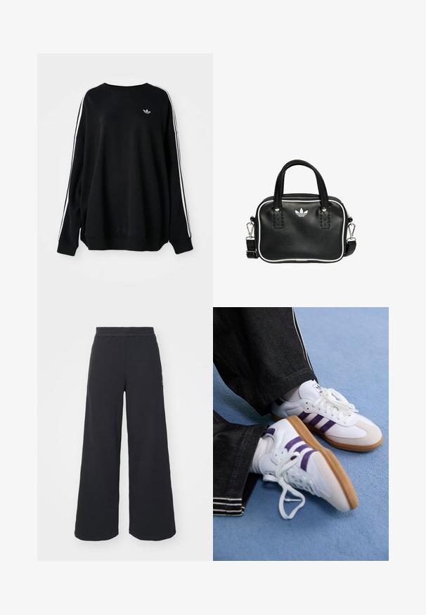 Čierna voľná mikina z mäkkého materiálu, s bielymi pruhmi pozdĺž rukávov a malým logom na hrudi. Okrúhly výstrih.; Čierne širšie tepláky vyrobené z mäkkej látky, s elastickým pásom a malým logom na ľavej strane.; Biele športové topánky s fialovými pruhmi a hnedými gumovými podrážkami, s okrúhlymi šnúrkami a polstrovaným golierom. Nosené s tmavými denimovými nohavicami.; Čierna kožená kabelka s dvoma krátkymi držadlami, striebornými kovovými doplnkami, bielymi akcentmi a bielym logom. Vyznačuje sa textúrovaným povrchom a kompaktným dizajnom.
