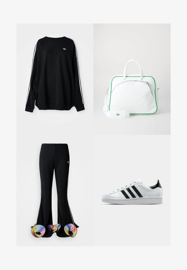 Melns pārspīlēts džemperis no mīkstas auduma, ar baltām svītrām gar piedurknēm un mazu logo uz krūtīm. Apaļš kakls.; Melna sporta bikses ar plašu izplestu dizainu. Piemīt krāsaini, viļņaini apakšējie maliņi un baltas sānu svītras. Izgatavotas no stretch auduma.; Baltas sporta apavi ar melniem lakotiem akcentiem, trīs melnām svītrām un gumijas purngaliem. Iezīmējas ar baltām šņorēm un gludu teksturētu virsmu.; Balta ādas soma ar zaļu apdari, ar izteiksmīgu reljefu logo, divām rokturiem, atvienojamu siksnu un ar rāvējslēdzēju slēdzamu priekšējo kabatu.