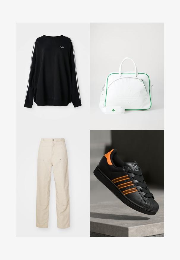 Fekete, harang formájú pulóver puha anyagból, fehér csíkokkal a karokon és egy kis logóval a mellkasán. Kerek nyakú.; Bézs vászon nadrág laza szabással, oldalsó zsebekkel és díszvarrás részletekkel, varrás nélküli derékkal és egyenes lábakkal.; Fekete sportcipő narancssárga részletekkel, három vízszintes csíkkal, texturált bőr felsőrésszel, gumis orral és fekete fűzőkkel.; Fehér bőr táska zöld díszítéssel, kiemelkedő domborított logóval, dupla füllel, levehető pánttal és cipzáras elülső zsebbel.
