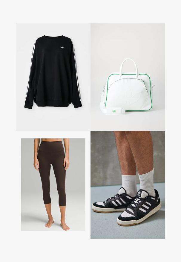 Zwarte oversized sweatshirt van zachte stof, met witte strepen langs de mouwen en een klein logo op de borst. Ronde halslijn.; lululemon ALIGN™ HIGH-RISE 53 CM - Tights - espresso; Zwart-witte sneakers met een bovenwerk van suede en leer, voorzien van drie witte strepen, een geperforeerde neus en een rubberen gumzool.; Witte leren tas met groene accenten, voorzien van een opvallend reliëflogo, dubbele handvatten, een afneembare schouderriem en een ritsvak aan de voorkant.