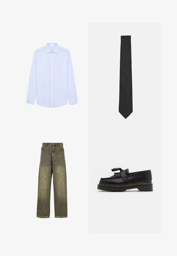 Sweat à capuche zippé vert foncé avec un col haut. Fabriqué en matériau doux, présentant des épaules tombantes et des poignets et un ourlet côtelés.; Chemise blanche à manches longues avec coupe regular, col classique, devant à boutons et poignets boutonnés, présentée sur fond blanc.; Jeans à jambes larges en denim vert olive, avec des accents de coutures courbes, une fermeture à bouton classique et une finition délavée.; Mocassin en cuir noir avec un accent à frange, doté d'une semelle épaisse noire et d'une couture jaune le long du bord. Fini texturé.; Cravate noire à texture lisse, design mince et bout pointu. Sans motifs ni accents visibles, sur fond blanc uni.