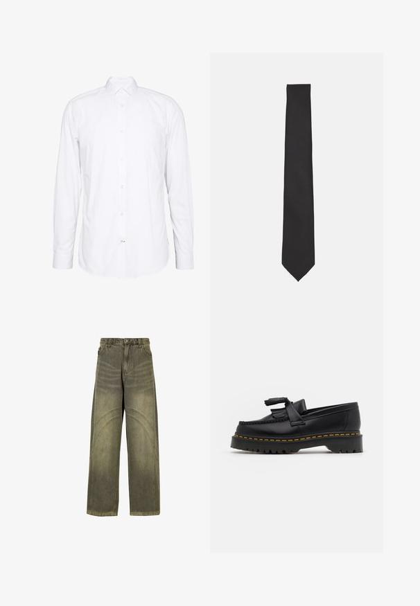 Dunkelgrüner, mit Reißverschluss versehenen Pullover mit hohem Kragen. Aus weichem Material gefertigt, mit überschnittenen Schultern sowie gerippten Bündchen und Saum.; Weißes Langarmhemd aus Baumwolle. Verfügt über einen Kragen, eine knöpfbare Frontschließe und Manschetten mit einem Knopf. Glatte Textur, sauberes Design.; Olivengrüne Jeans mit weitem Bein aus Denim, ausgestattet mit geschwungenen Nahtakzenten, klassischen Knopfverschluss und einem verwaschenen Finish.; Schwarze Lederloafers mit einem fransenverzierten Akzent, ausgestattet mit einer robusten schwarzen Sohle und gelber Naht entlang der Kante. Texturierte Oberfläche.; Schwarze Fliege aus glattem Stoff, mit einer schlanken, verlängerten Form und einer spitzen Spitze, ohne sichtbare Muster oder Akzente.