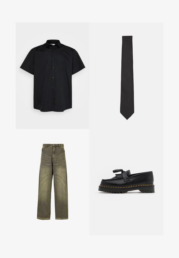 Dunkelgrüner, mit Reißverschluss versehenen Pullover mit hohem Kragen. Aus weichem Material gefertigt, mit überschnittenen Schultern sowie gerippten Bündchen und Saum.; Schwarzes kurzärmliges Hemd, mit Knöpfen und aus glattem Stoff, verfügt über einen klassischen Kragen und ist locker geschnitten.; Olivengrüne Jeans mit weitem Bein aus Denim, ausgestattet mit geschwungenen Nahtakzenten, klassischen Knopfverschluss und einem verwaschenen Finish.; Schwarze Lederloafers mit einem fransenverzierten Akzent, ausgestattet mit einer robusten schwarzen Sohle und gelber Naht entlang der Kante. Texturierte Oberfläche.; Schwarze Fliege aus glattem Stoff, mit einer schlanken, verlängerten Form und einer spitzen Spitze, ohne sichtbare Muster oder Akzente.