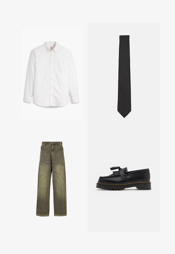 Hanorac cu fermoar, de culoare verde închis, cu guler înalt. Fabricat dintr-un material moale, cu umeri căzuți și manșete și tiv din tricot.; Cămașă albă cu maneci lungi, din bumbac. Prezintă un guler clasic, închidere cu buton și o textură ușoară, având un logo subtil pe piept.; Jeans cu picioare largi din denim verde măsliniu, prezentând accente de cusături curbe, închidere cu buton clasic și un finisaj ușor decolorat.; Mocasini din piele neagră cu un accent ciufulit, având o talpă groasă neagră și cusături galbene pe margine. Finisaj texturat.; Papion negru din țesătură fină, cu o formă subțire și alungită, având o vârf ascuțit și fără modele sau accente vizibile.