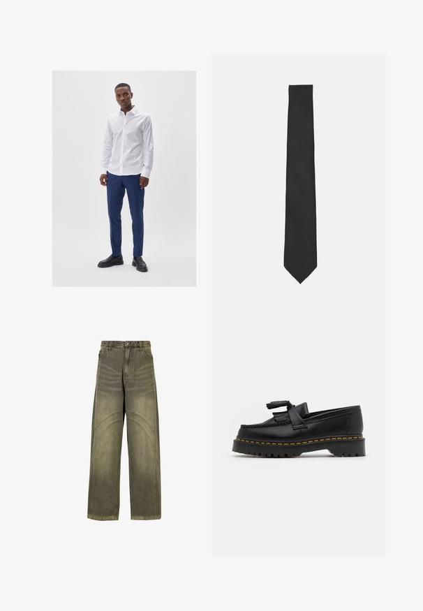 Dunkelgrüner, mit Reißverschluss versehenen Pullover mit hohem Kragen. Aus weichem Material gefertigt, mit überschnittenen Schultern sowie gerippten Bündchen und Saum.; Weißes Hemd mit Kragen und Knopfverschluss, kombiniert mit blauen Hosen. Das Model trägt schwarze Slipper. Glattes Material und taillierte Passform.; Olivengrüne Jeans mit weitem Bein aus Denim, ausgestattet mit geschwungenen Nahtakzenten, klassischen Knopfverschluss und einem verwaschenen Finish.; Schwarze Lederloafers mit einem fransenverzierten Akzent, ausgestattet mit einer robusten schwarzen Sohle und gelber Naht entlang der Kante. Texturierte Oberfläche.; Schwarze Fliege aus glattem Stoff, mit einer schlanken, verlängerten Form und einer spitzen Spitze, ohne sichtbare Muster oder Akzente.