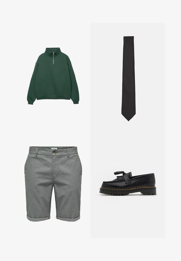 Tamnozelena zip-up dukserica s visokom ovratnikom. Izrađena od mekog materijala, s spuštenim ramenima te rebrastim manžetama i donjim rubom.; Sive kratke hlače od teksturirane tkanine, sa zatvaranjem na dugme, bočnim džepovima i zavrnutim rubovima za dotjerani izgled.; Crna kožna loaferica s resicama, koja ima čvrst crni potplat i žute šavove duž ruba. Teksturirana završna obrada.; Crna kravata od glatkog materijala, sa slim, izduženim oblikom i šiljastim vrhom, bez vidljivih uzoraka ili akcenta.